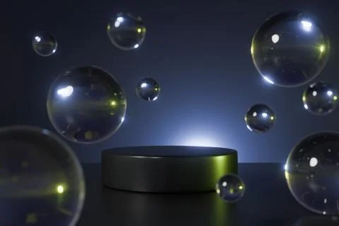 Glowing glass bubbles floating over dark product stage. Stock Illustration
