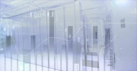 Glowing glass-front server cabinets reflecting charts in data center corridor, 写真素材