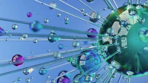 Glowing glass sphere with dynamic threads and colorful drops Stock Illustration