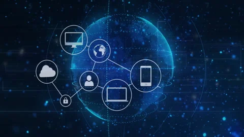Glowing globe appearing, connecting cloud, padlock, avatar, devices linking Stock Footage 310972437