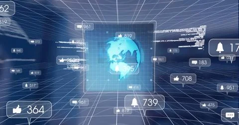 Glowing globe in center, surrounded by digital numbers and icons Stock Photos