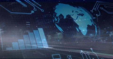 Glowing globe hovering on virtual dashboard, showing ascending bar chart, grid Stock Illustration