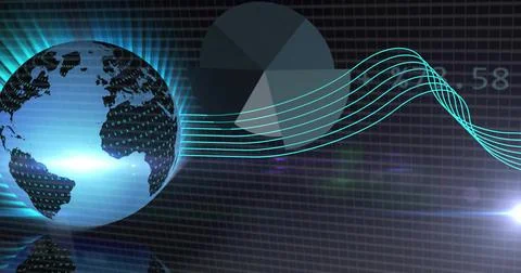 Glowing globe streaming binary, emitting radial light, reflecting on grid, Stock Illustration