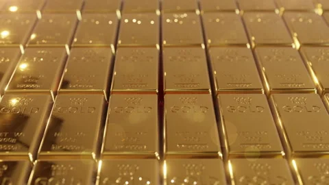 Glowing gold bars ready to be stored in the national money reserve fund Video stock 281227280