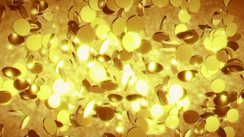 Glowing gold coins falling on a yellow background from the top of the frame Video stock 334028161