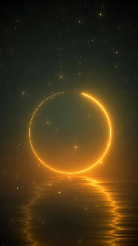 Glowing gold cosmic circle scene bright horizon flare, mirrored reflection Stock Footage 334102411