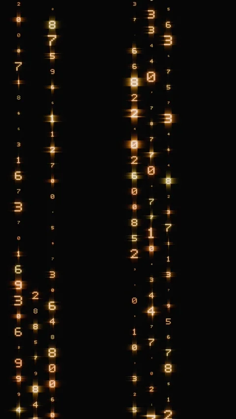Glowing gold digital code streaming vertically on a black background Video stock 346663122