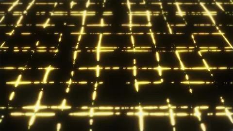 Glowing Gold Grid Neon Perspective Futuristic Digital Background Stock Illustration