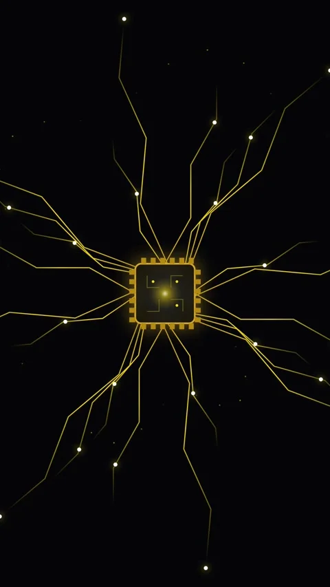 Glowing Gold Microchip Processor with Data Circuit Lines on Black Background Stock Footage 346206085