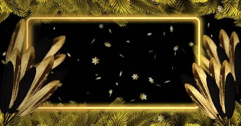 Glowing gold rectangular frame radiating neon-like light on deep black panel, Illustrazione stock