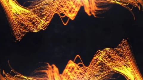 Glowing gold wave frame with particle trails on dark background Stockillustratie