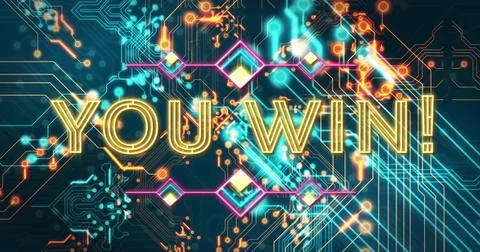 Glowing gold 'YOU WIN!' text dominating circuit-board interface, with neon Stock Illustration