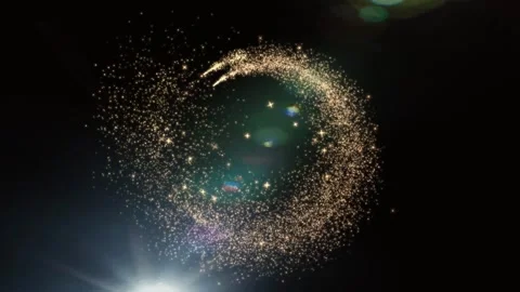 Glowing golden crescent moon shape made of sparkling particles on a dark red Stock Footage 342896701