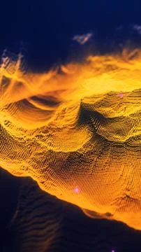 Glowing golden data waves forming a 3D mesh surface in a digital sci-fi env.. 스톡 일러스트