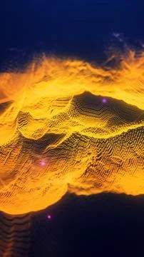 Glowing golden data waves forming a 3D mesh surface in a digital sci-fi envir 스톡 사진