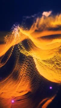 Glowing golden data waves forming a 3D mesh surface in a digital sci-fi env.. Stockfoto's