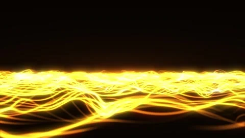 Glowing golden lines form a flowing wave landscape on a dark background, crea Stock Footage 332801620
