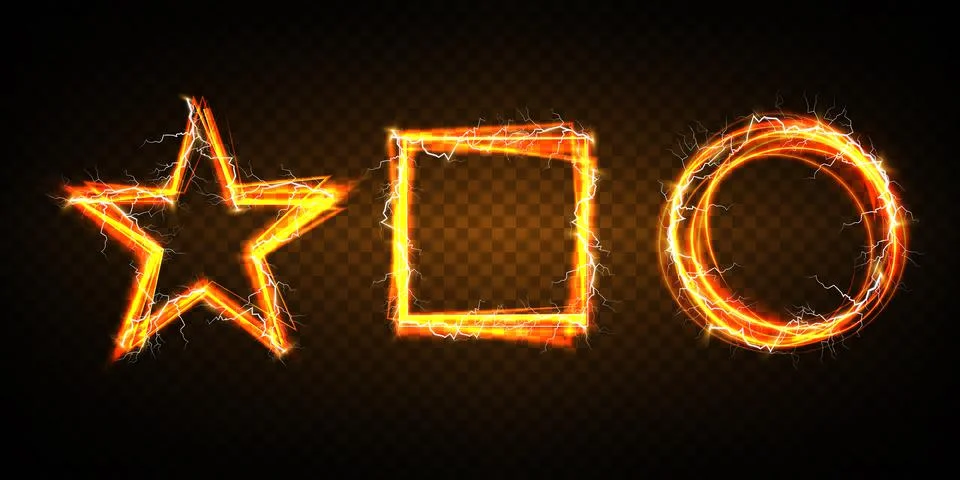 Glowing golden magic light frames, lightning bolts. borders, corners and Illustrazione stock