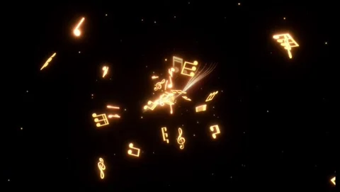 Glowing golden musical notes floating and bursting on black background Vidéo 343547283