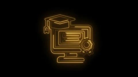 Glowing golden neon outline of a computer monitor displaying a certificate and Stock Footage 333956419