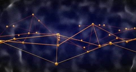 Glowing golden-node network shifting, reforming via camera pan, visualizing tech Stock Footage 333967790