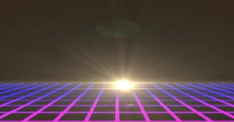 Glowing golden orb casting rays lensflares on horizon, magenta-blue grid under Stock Illustration