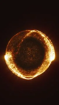 Glowing golden particle ring forming a radiant sphere on a dark background,.. Stock Illustration