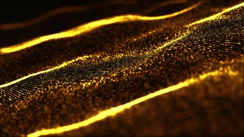 Glowing golden particles form dynamic wave patterns in continuous loop Stock Footage 313169227