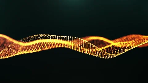Glowing golden particles form a smooth flowing wave on a dark background, cre Stock Footage 331996818
