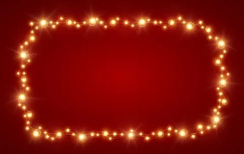 Glowing golden rectangle Christmas tree garland frame isolated on red background Stock Illustration