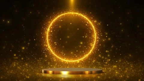 A glowing golden ring floats above a sleek podium among sparkling particles Vidéo 341011815