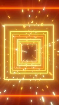 Glowing golden square tunnel frames with light particles, creating a futuri.. Stock Illustration