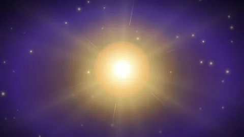 Glowing Golden Sun Pulsing in Deep Purple Space with Shimmering Stars and Light Stock Footage 346208171