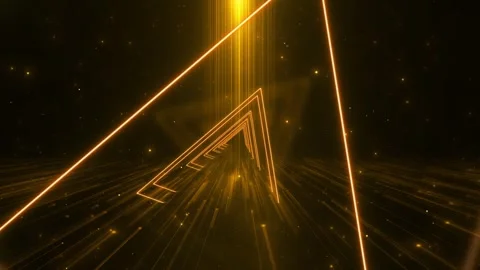 Glowing golden triangles form a neon tunnel above radiant floor lines Stock Footage 341043736