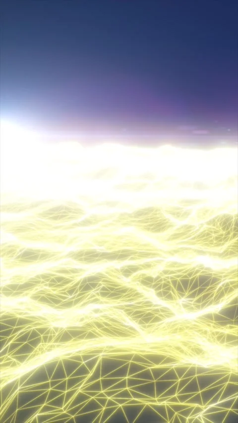 Glowing golden wireframe terrain extends toward a bright horizon, forming a.. Stock Footage 342624682