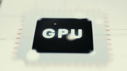 Glowing GPU Chip on Bright Circuit Board Foto stock