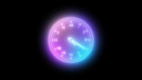 Glowing gradient rainbow neon clock animation with Roman numerals on a blac.. Stock Footage 304395606