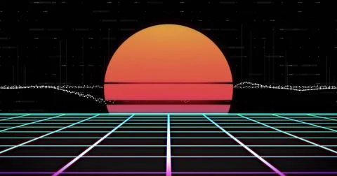 Glowing gradient semi-circular sun rising in retro futuristic landscape, with Stock Photos