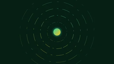 A glowing gradient sphere centered among concentric dashed orbital rings Stockbeeldmateriaal 338309831