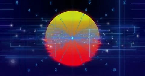 Glowing gradient sphere displaying glitches in neon grid, with numeric digits Stock Photos