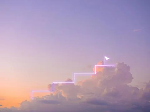 Glowing graph steps neon line rise to the top at flag icon, on blue and pur.. Stock Photos