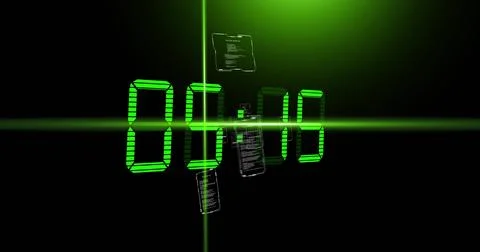 Glowing green 7-segment timer sitting center in black void, showing cross beams, Foto stock
