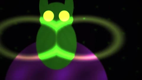 Glowing green alien creature on purple planet with yellow eyes and halo. Stock Footage 337463920