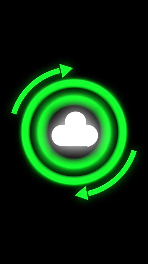 Glowing Green Arrows Circle a White Cloud Icon on Black Background symbol t.. Stockbeeldmateriaal 337461214