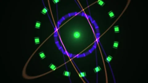 Glowing green atom model with electrons. Stock Footage 334878533