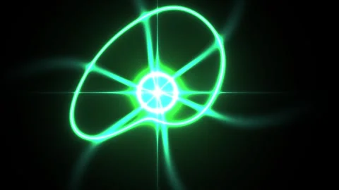 Glowing green atom symbol with orbiting electrons on black background. Stock Footage 336231449