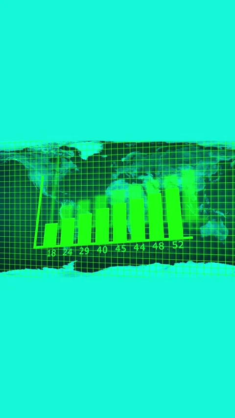 Glowing green bar chart with upward arrow on world map. Green bar graph and.. Stock Footage 344840955