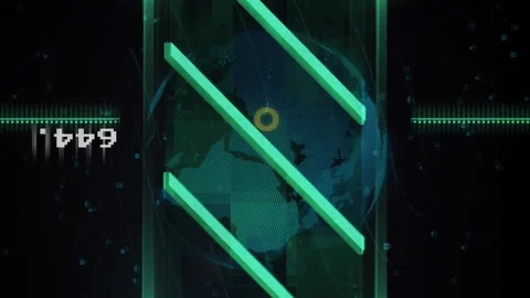 Glowing green bars and numbers animation over rotating globe in dark background Stock Footage 313002955