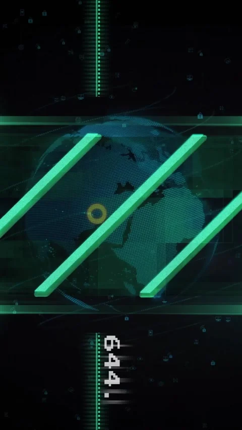 Glowing green bars and numbers animation over rotating globe in dark background Stock Footage 320093885
