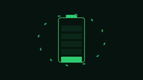 A glowing green battery icon indicating a partial charge on black background Stockbeeldmateriaal 338309474